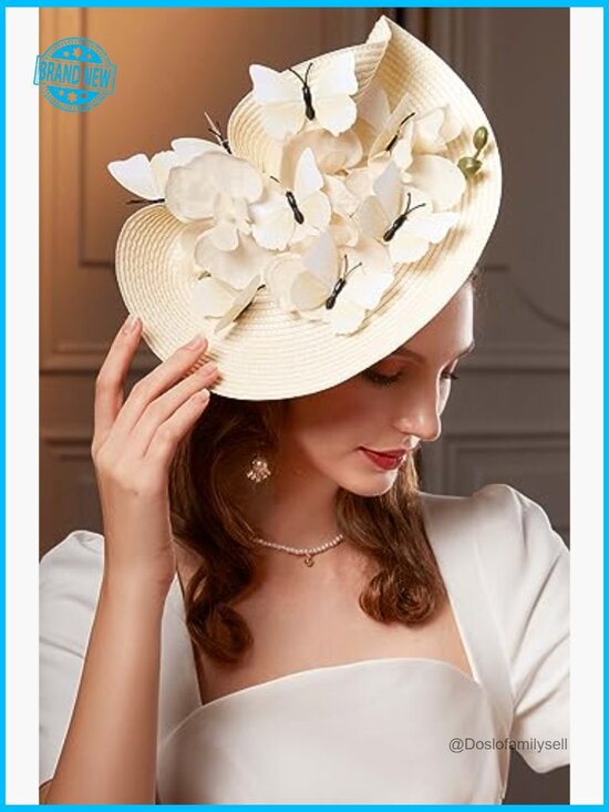 Fascinator Derby Hat with Veil Floral Butterfly Wedding Tea Party Horse Racing main image 4